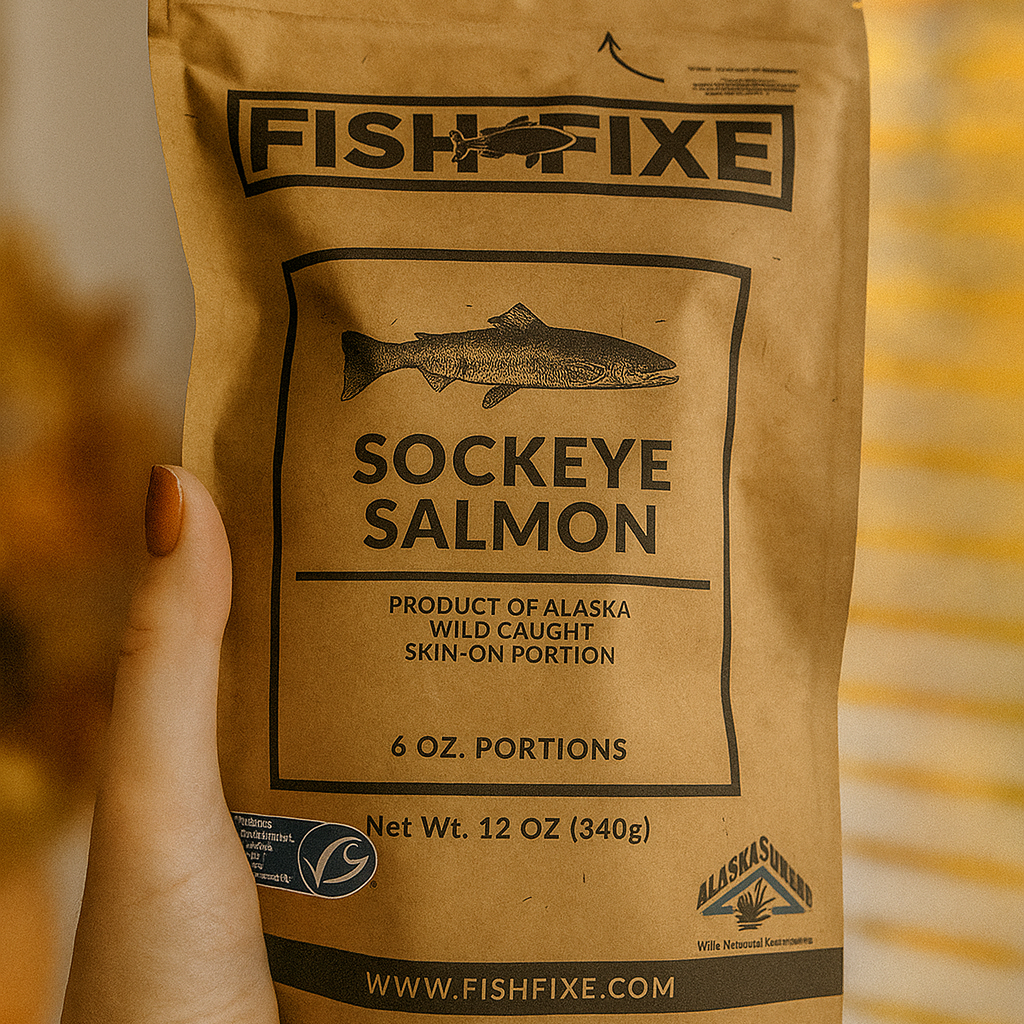 Hand holding a package of Fish Fixe Sockeye Salmon with a blurred background